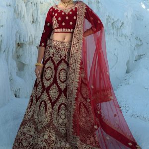 Bewitching Maroon Zari Embroidery Velvet Bridal Wear Lehenga Choli