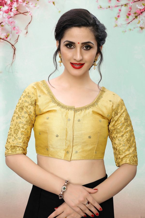 Lady Wear Beige & Gold Colored Beautiful Readymade Silk Saree Blouse