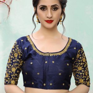 Lady Wear Navy Blue & Gold Colored Beautiful Readymade Silk Saree Blouse