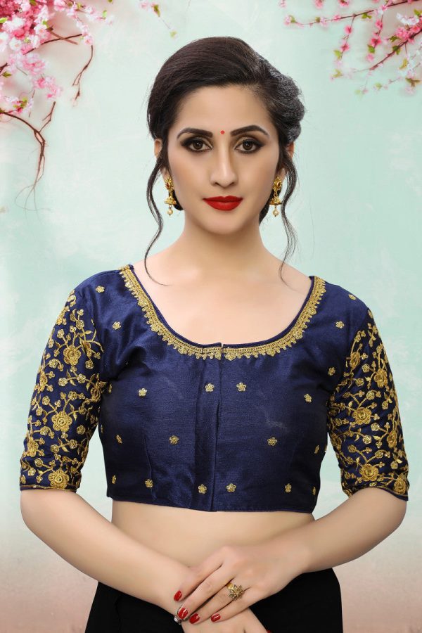 Lady Wear Navy Blue & Gold Colored Beautiful Readymade Silk Saree Blouse