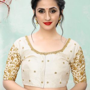 Lady Wear Off White & Gold Colored Beautiful Readymade Silk Saree Blouse