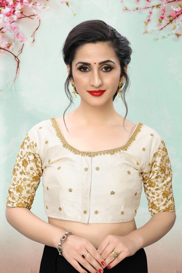 Lady Wear Off White & Gold Colored Beautiful Readymade Silk Saree Blouse