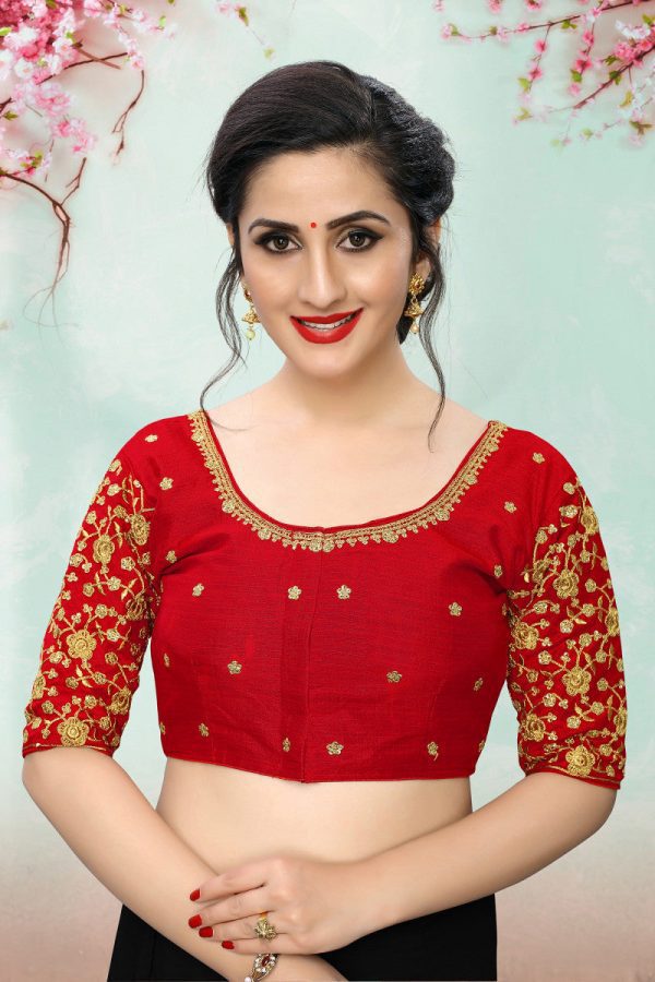 Lady Wear Red & Gold Colored Beautiful Readymade Silk Saree Blouse