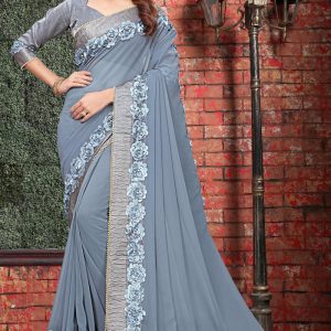 Ethnic Design Ribbin Gotta Patti With Moti Lace Grey Heavy Faux Georgette  Saree
