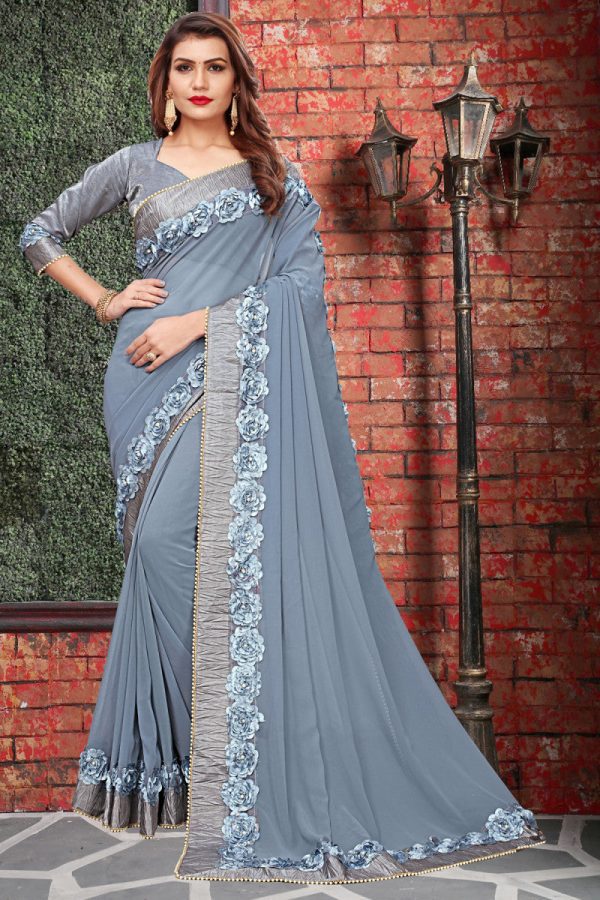 Ethnic Design Ribbin Gotta Patti With Moti Lace Grey Heavy Faux Georgette  Saree