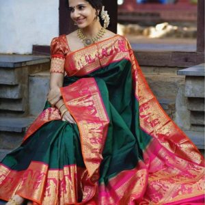 Lady Wear Soft Lichi silk Green Color Jacquard Weddig Wear Saree