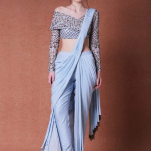 Classy Lady Wear Blue Dhoti Style Saree With Beautiful Blouse Piece