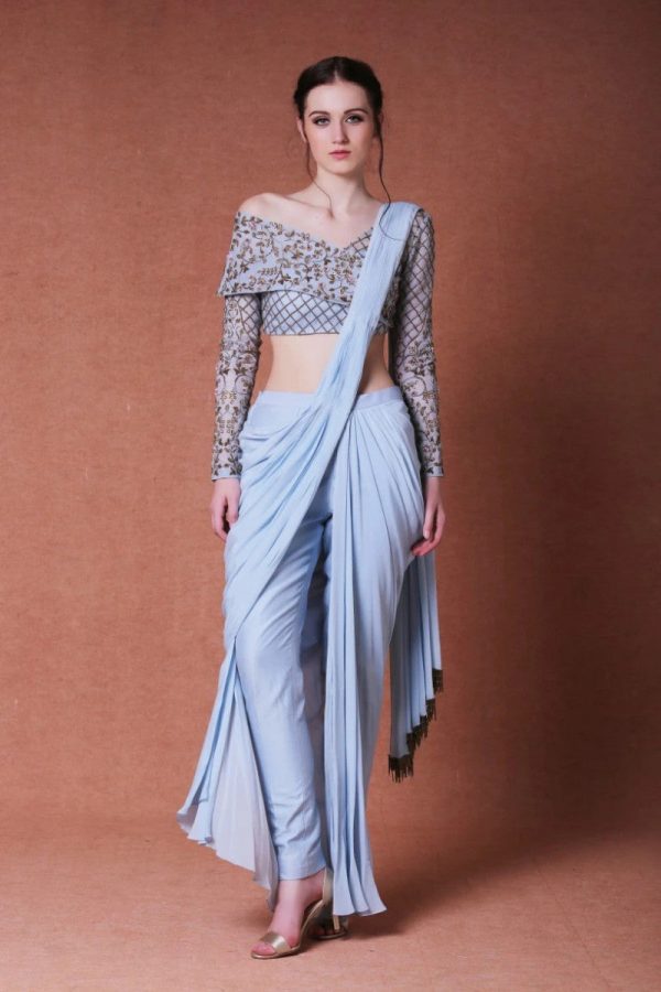 Classy Lady Wear Blue Dhoti Style Saree With Beautiful Blouse Piece