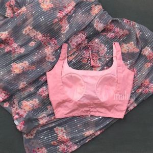 Lovable Grey Heavy Sequin Saree with Pink Flower Design