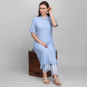 Sky Blue Color Printed Cotton Blend Kurti