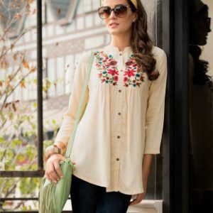 Classic Cotton Blend Embroidery Work Cream Color Top