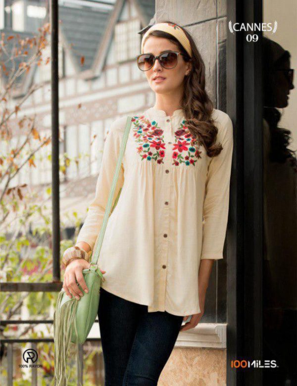 Classic Cotton Blend Embroidery Work Cream Color Top
