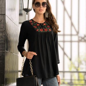 Classic Cotton Blend Embroidery Work Black Color Top