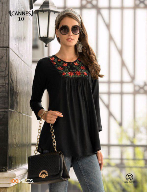 Classic Cotton Blend Embroidery Work Black Color Top