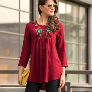 Classic Cotton Blend Embroidery Work Red Color Top