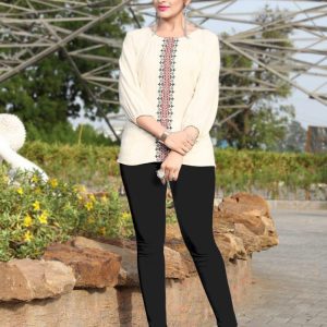 Classic Cotton Blend Embroidery Work White Color Top