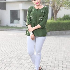 Classic Cotton Blend Embroidery Work Green Color Top