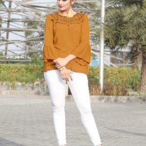 Classic Cotton Blend Embroidery Work Mustard Color Top