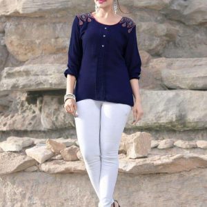 Classic Cotton Blend Embroidery Work Blue Color Top