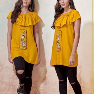 Stunning Cotton Blend Emboidery Work Yellow Color Classy Top