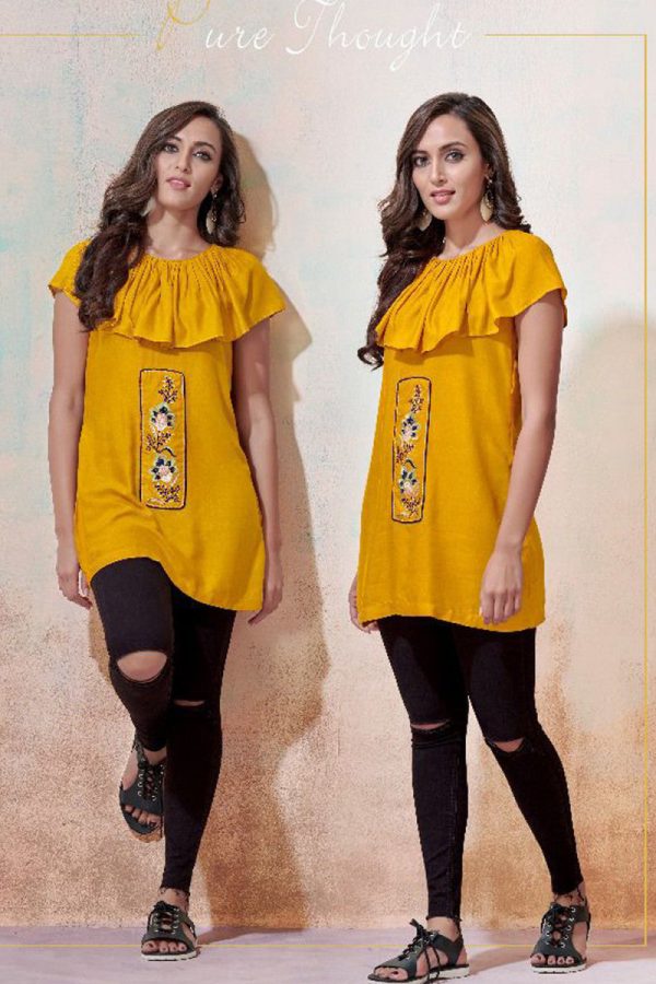 Stunning Cotton Blend Emboidery Work Yellow Color Classy Top