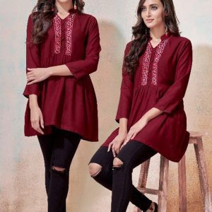 Stunning Cotton Blend Emboidery Work Maroon Color Classy Top