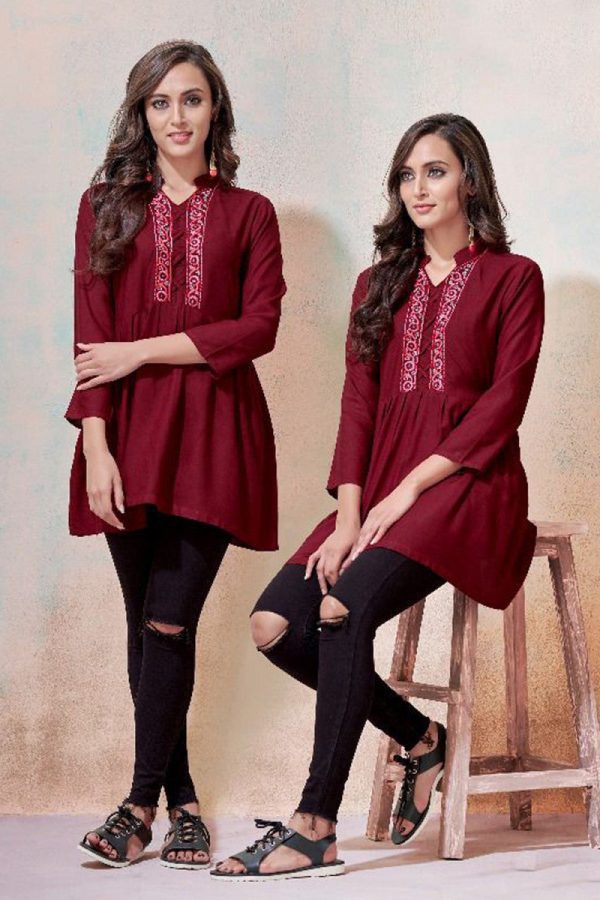 Stunning Cotton Blend Emboidery Work Maroon Color Classy Top