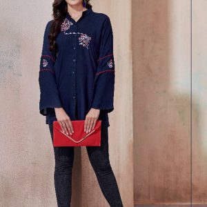 Stunning Cotton Blend Emboidery Work Navy Blue Color Classy Top