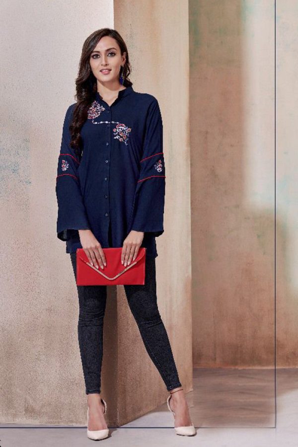 Stunning Cotton Blend Emboidery Work Navy Blue Color Classy Top