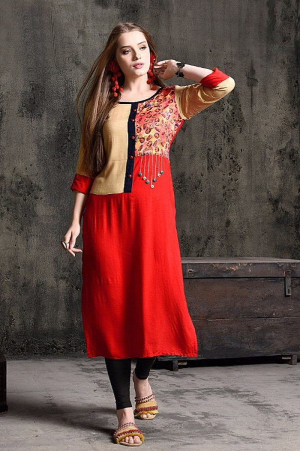 Lady Wear Classy Red  Cotton Blend Print Lovable Kurti