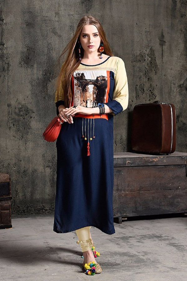 Blue Cotton Blend Printed Lovable Kurti