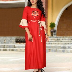 Trending Wear Lady Wear Cotton Blend Red Color Kurti
