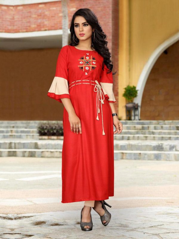 Trending Wear Lady Wear Cotton Blend Red Color Kurti