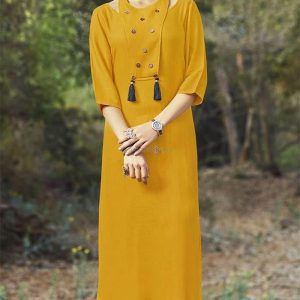 Stylist Neck Yellow Cotton Blend Kurti