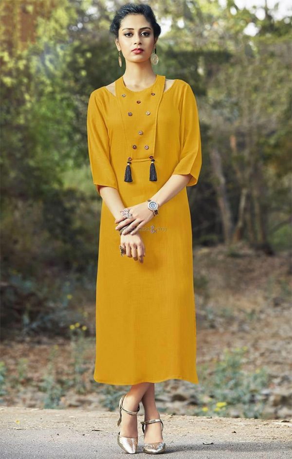Stylist Neck Yellow Cotton Blend Kurti