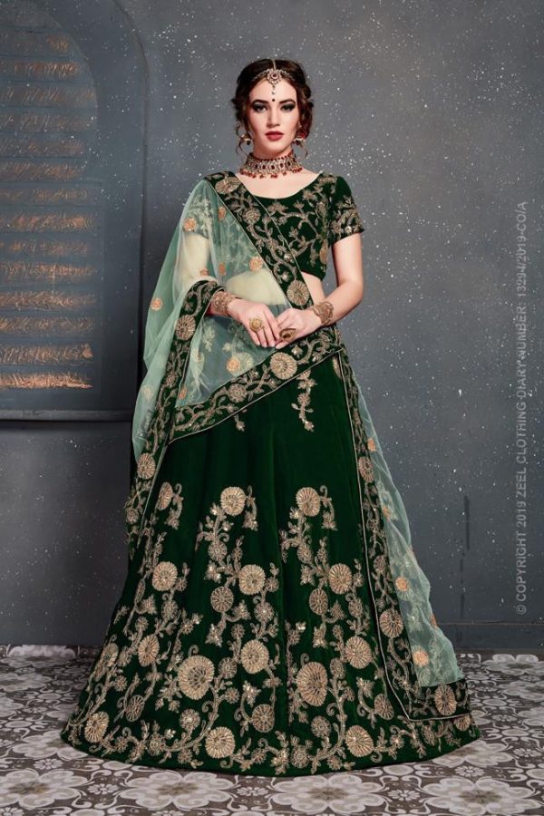 Embroidered Beautiful Silk Velvet Lehenga In Green