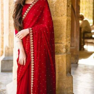 Desirable Heavy Faux Georgette Red Colour Saree