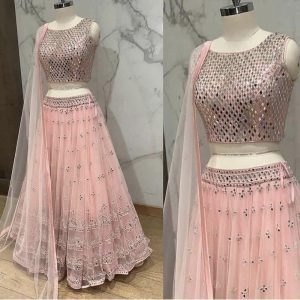 Stunning Lady Wear Peach Color Soft Mono Net Hand Work Embroidery Work Lehenga
