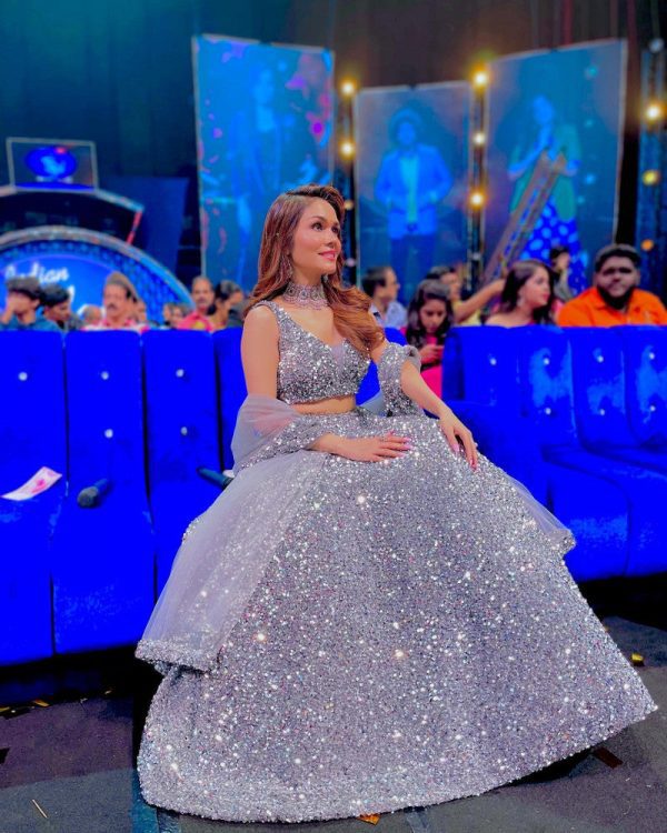Sonu Kakkar Wear Grey Color Sequence Lehenga Choli