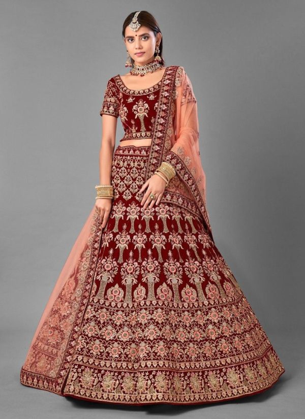 Indian Style Maroon Velvet Lehenga