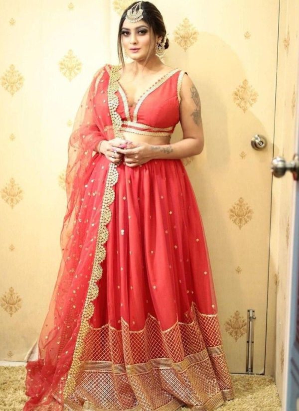 Net Embroidery Lehenga In Carrot Color
