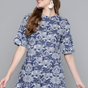 Navy Blue & White Ethnic Motifs Printed Pure Cotton A-Line Kurti