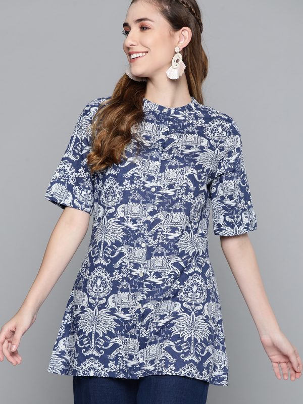 Navy Blue & White Ethnic Motifs Printed Pure Cotton A-Line Kurti