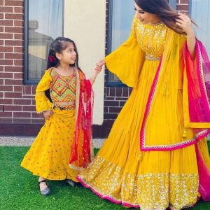 Haldi Wear Yellow Color Mother Daughter Lehenga Choli