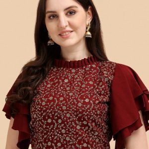Maroon & Golden Floral Embroidered Ethnic Crop Top