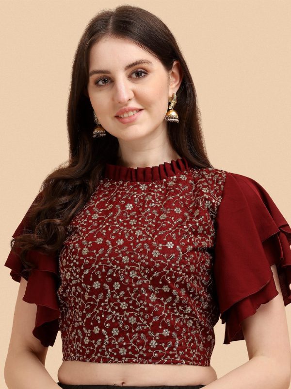 Maroon & Golden Floral Embroidered Ethnic Crop Top