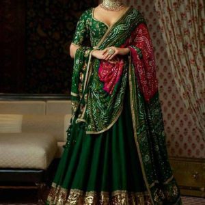 heavy tiger silk dark green printed lehenga choli