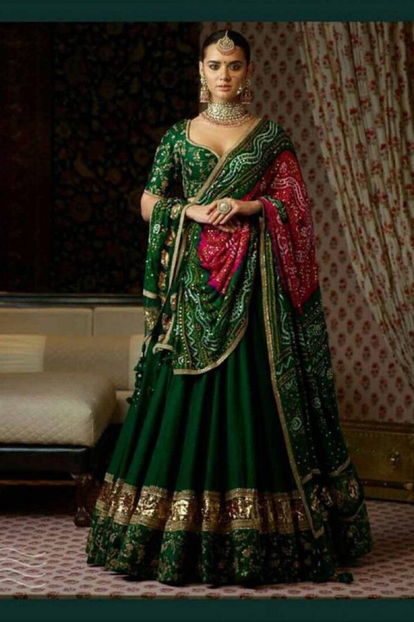 heavy tiger silk dark green printed lehenga choli