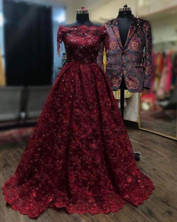 Beautiful Embroidered Maroon Color Party Wear Gown