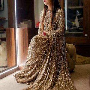 Lovely Golden Color Work Saree